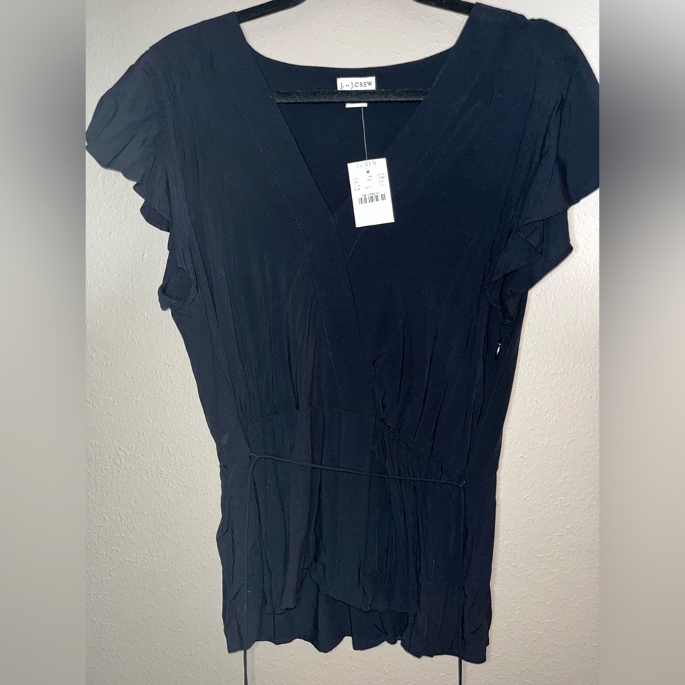 J. Crew Black flutter sleeve wrap around Blouse size 12 NWT